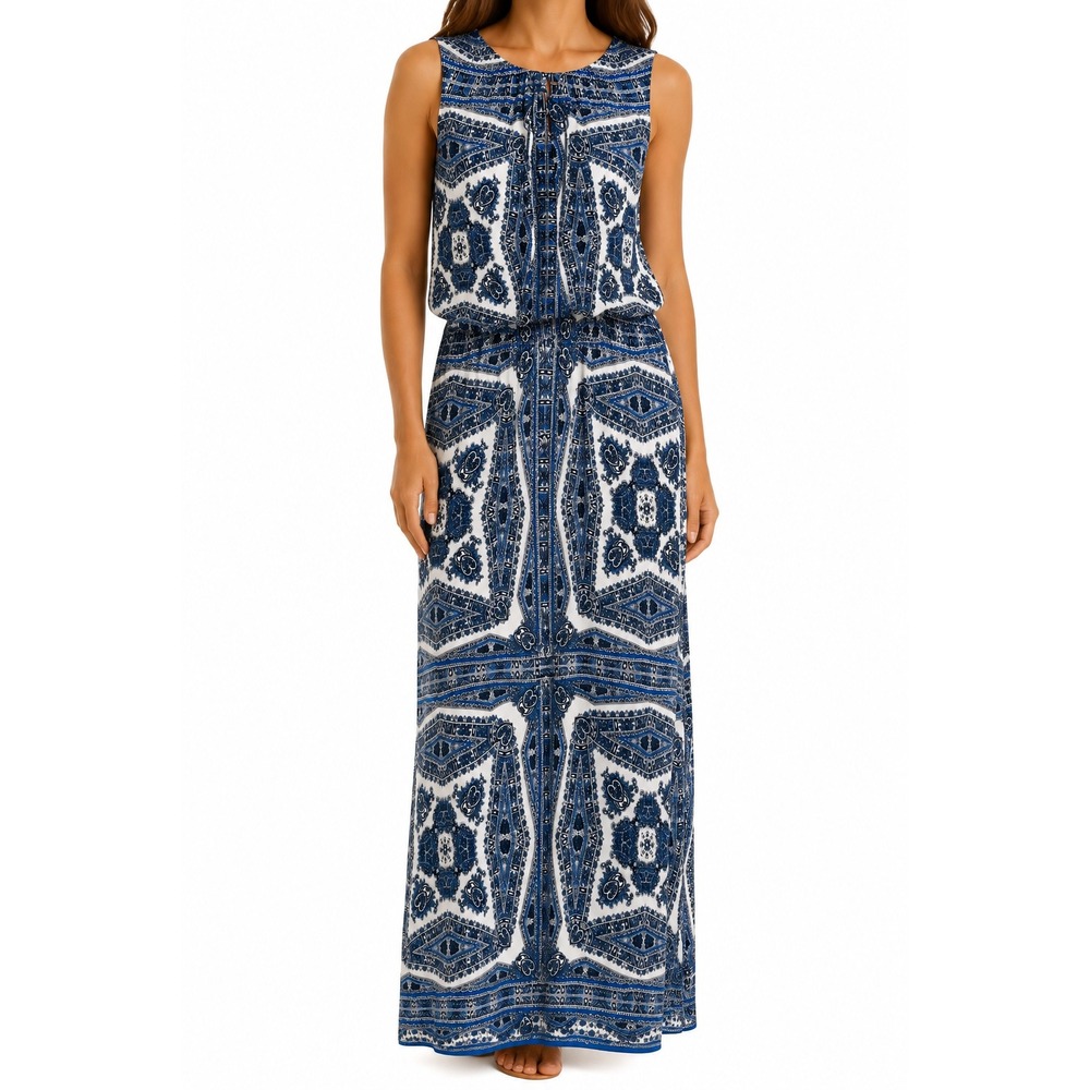 Maggy L Blue White Paisley Medallion Sleeveless Blouson Maxi Dress Womens 12